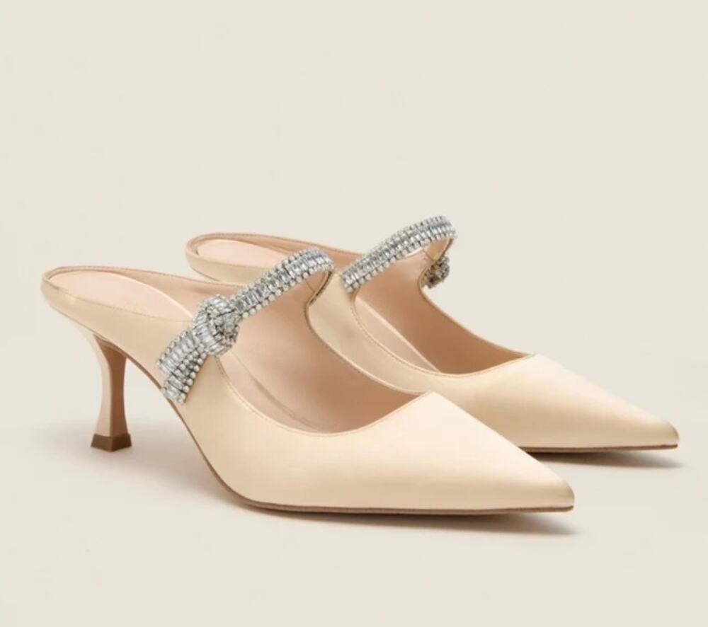 Tuckernuck Mae Heels 6.5 NWOT Champagne Satin Beige Cream Jewel Wedding Bridal